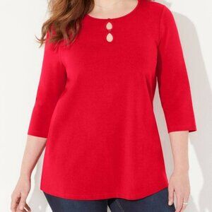 Catherines Suprema Red Cotton Teardrop Neckline 3/4 Sleeve Top-5X-NWT